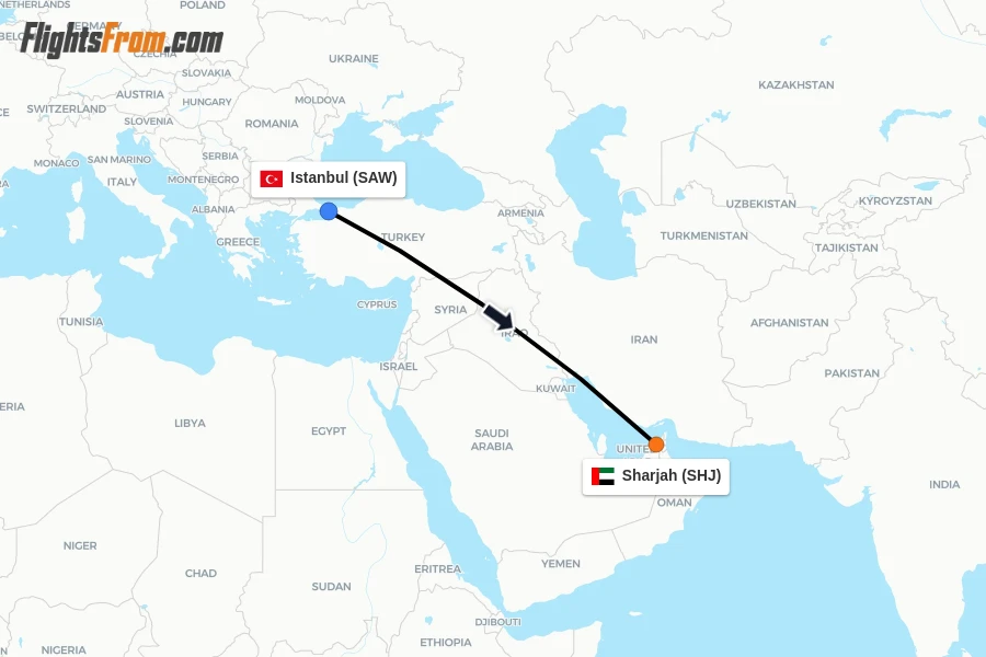 Flights from Istanbul to Sharjah route map