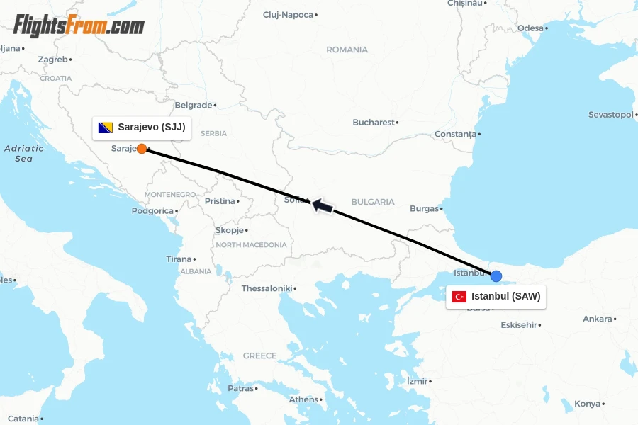 Flights from Istanbul to Sarajevo route map