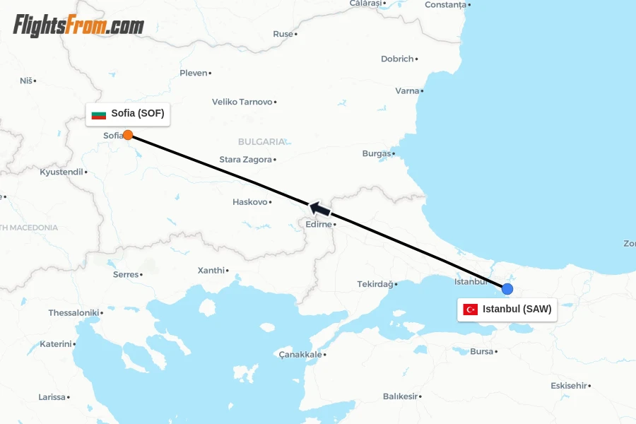 Flights from Istanbul to Sofia route map