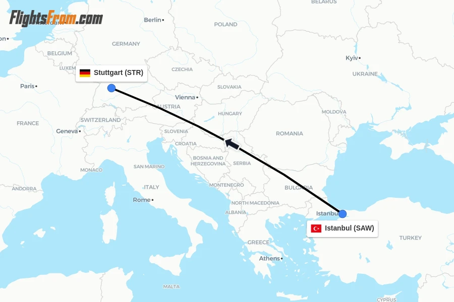 Flights from Istanbul to Stuttgart route map