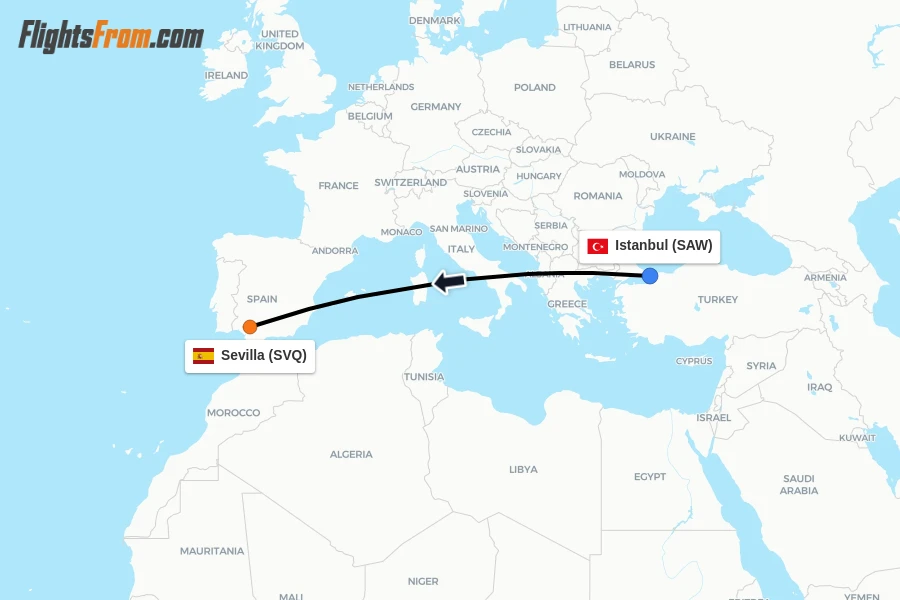 Flights from Istanbul to Sevilla route map