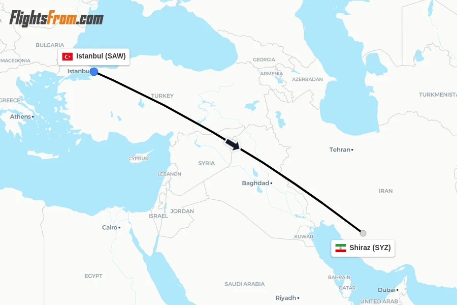 Flights from Istanbul to Shiraz route map