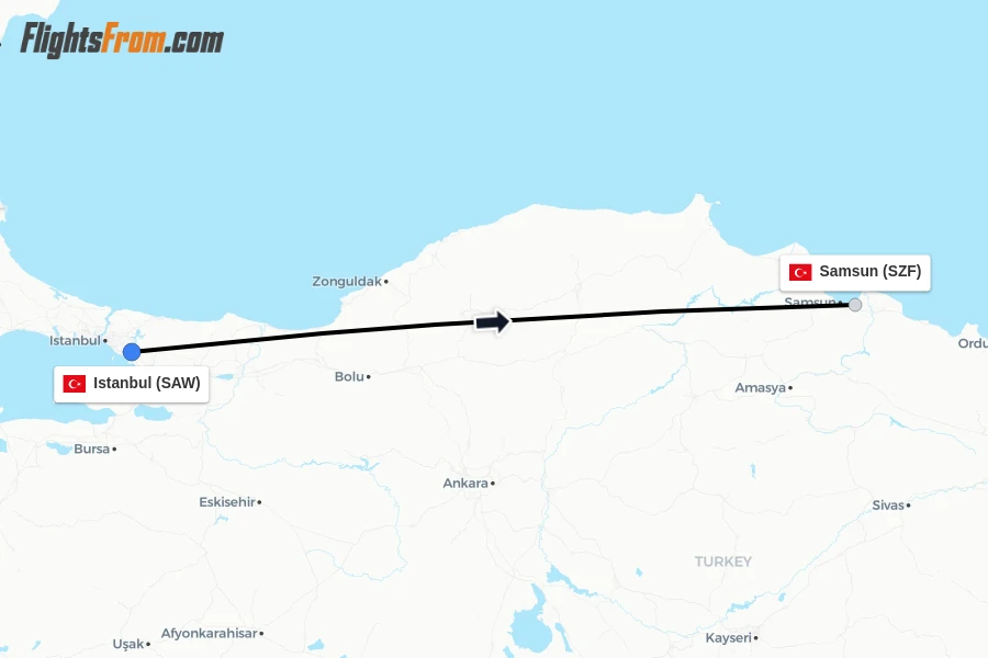 Flights from Istanbul to Samsun route map