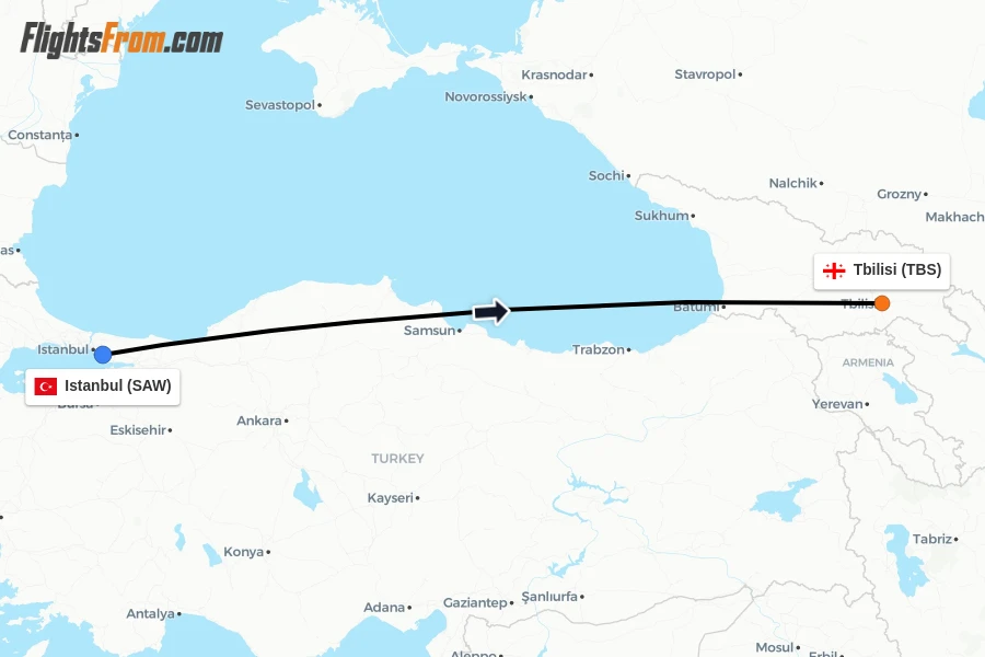 Flights from Istanbul to Tbilisi route map