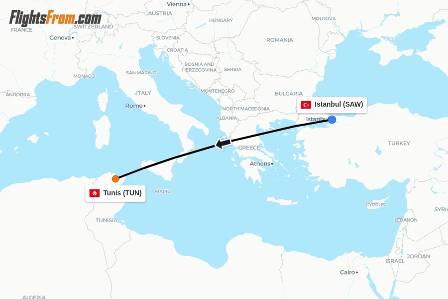 Flights from Istanbul to Tunis route map