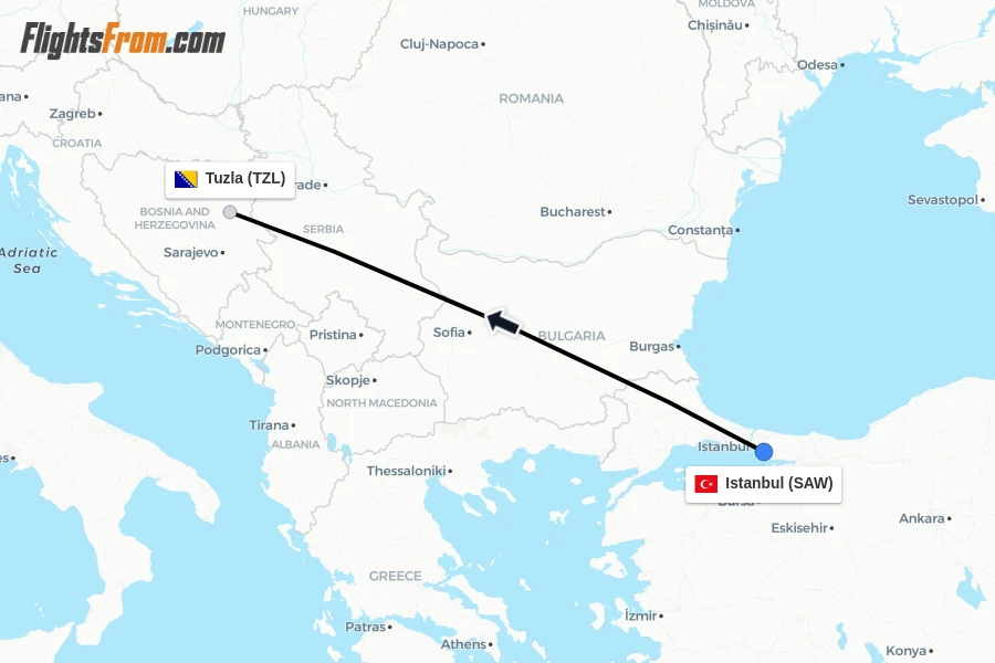 Flights from Istanbul to Tuzla route map
