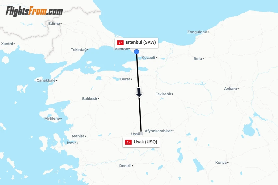 Flights from Istanbul to Usak route map
