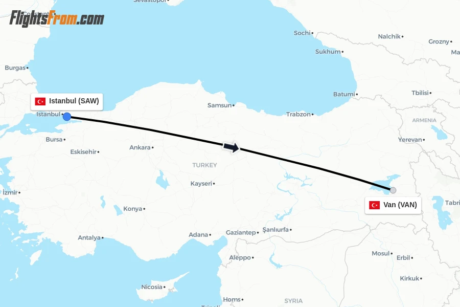 Flights from Istanbul to Van route map
