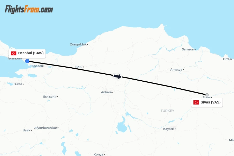 Flights from Istanbul to Sivas route map