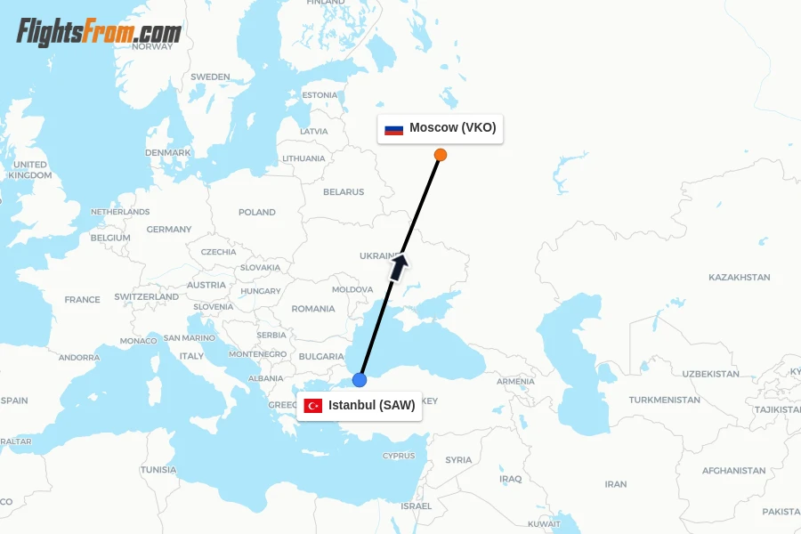 Flights from Istanbul to Moscow route map