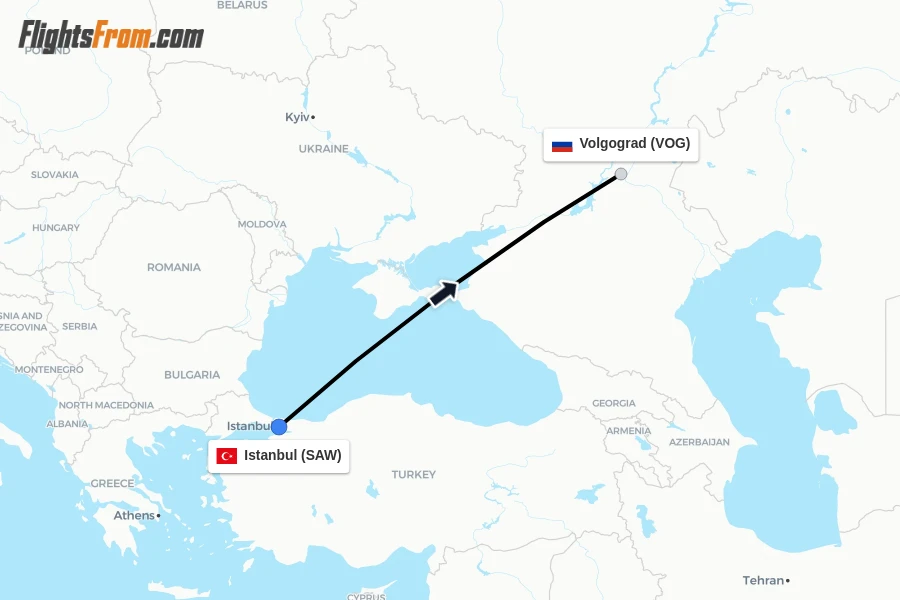 Flights from Istanbul to Volgograd route map