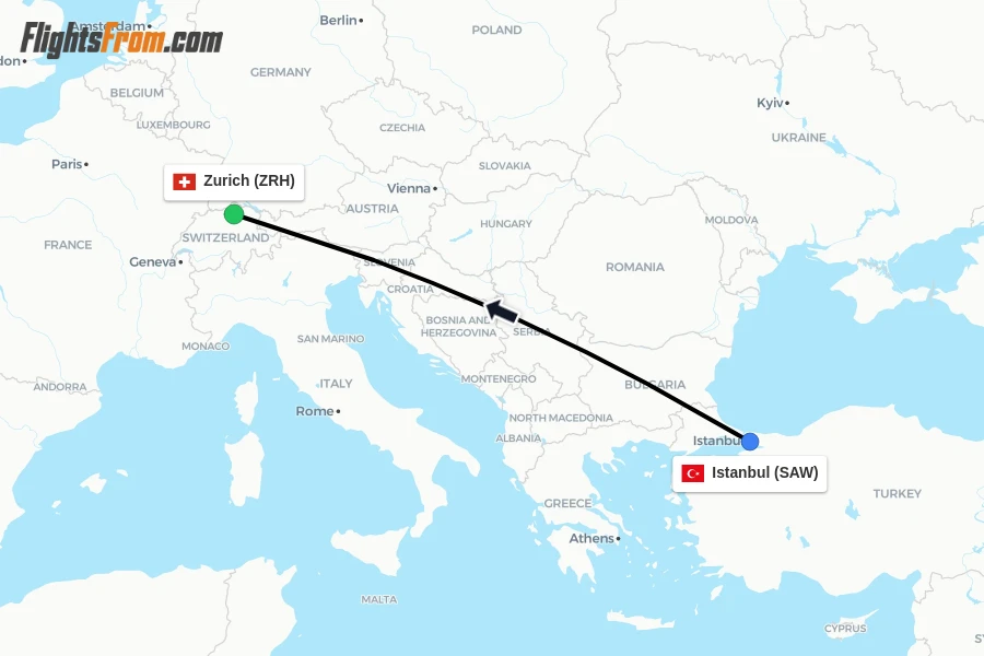 Flights from Istanbul to Zurich route map