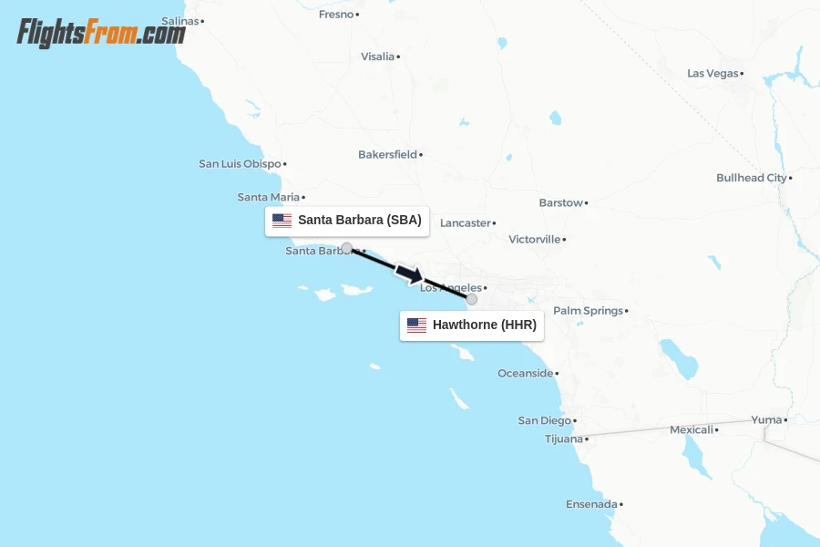 Flights from Santa Barbara to Hawthorne route map