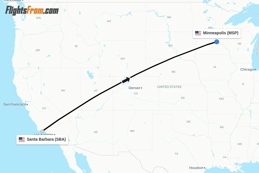 Flights from Santa Barbara to Minneapolis route map