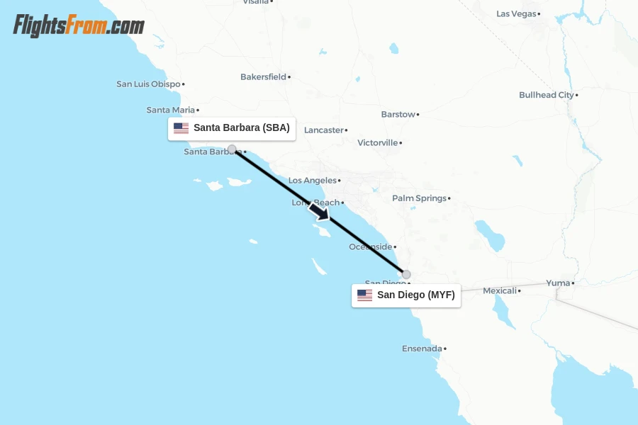 Flights from Santa Barbara to San Diego route map
