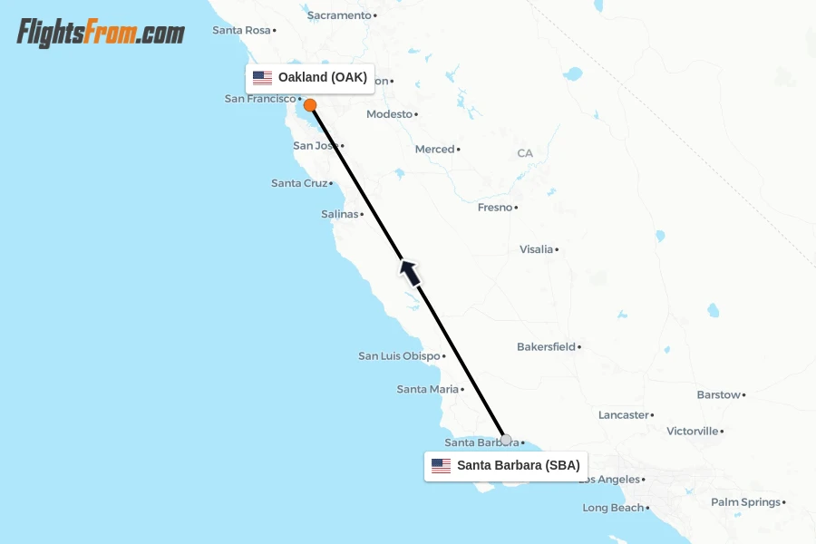 Flights from Santa Barbara to Oakland route map