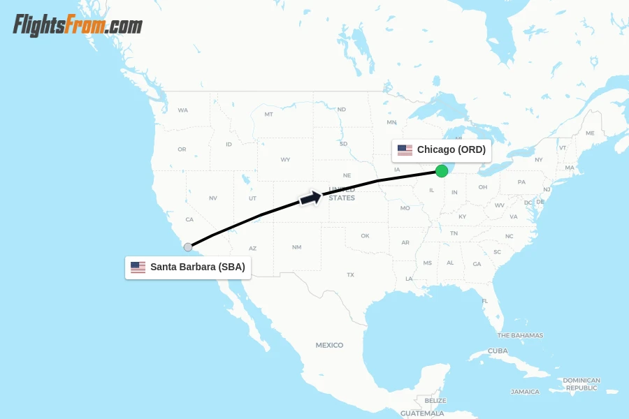 Flights from Santa Barbara to Chicago route map