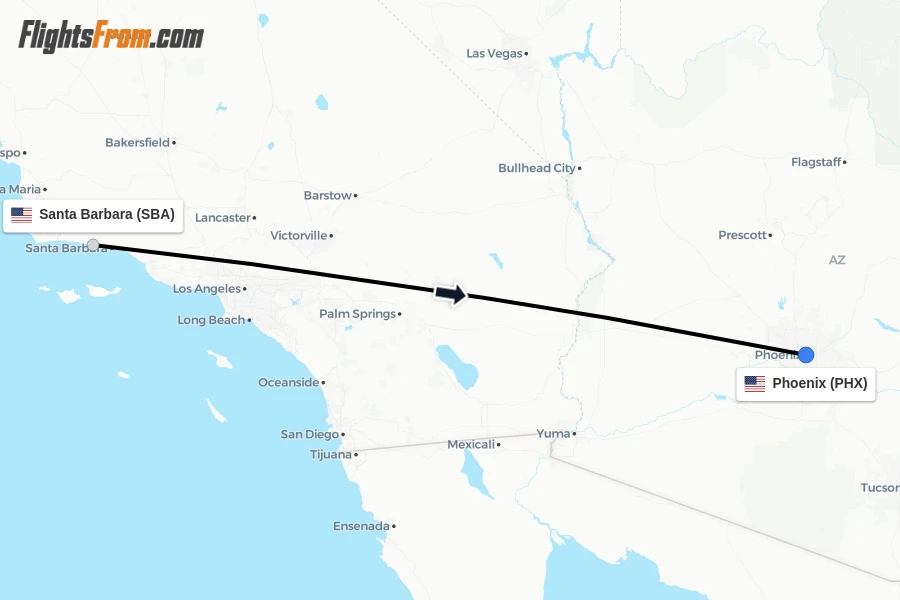 Flights from Santa Barbara to Phoenix route map