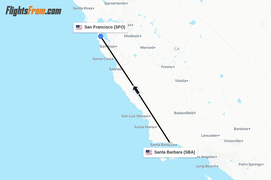 Flights from Santa Barbara to San Francisco route map
