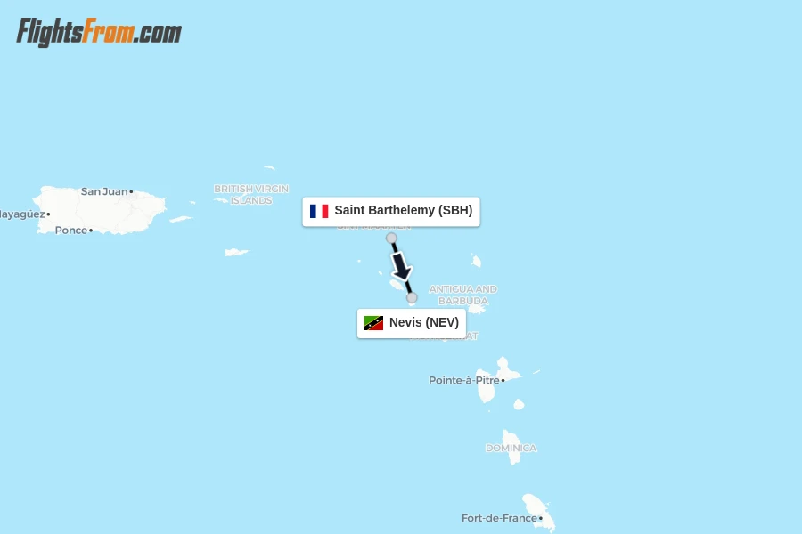Flights from Saint Barthelemy to Nevis route map
