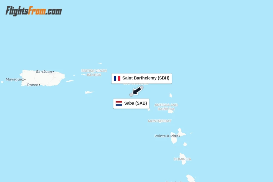 Flights from Saint Barthelemy to Saba route map