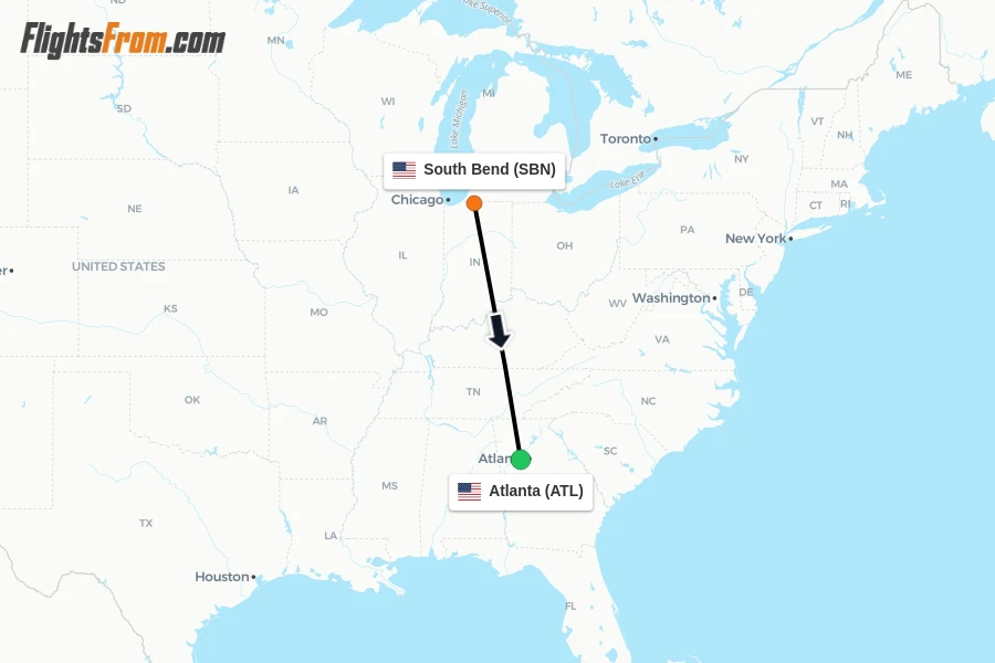 Flights from South Bend to Atlanta route map