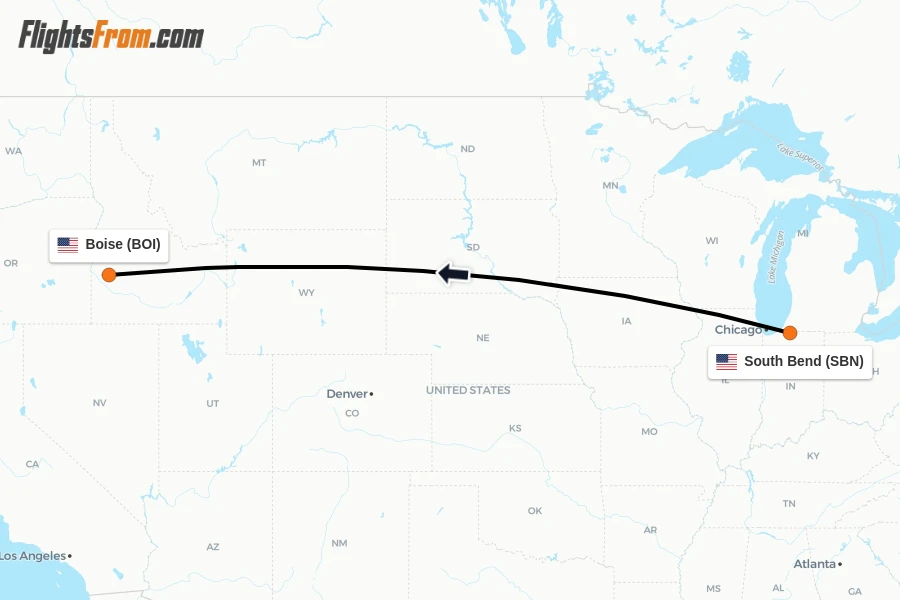 Flights from South Bend to Boise route map