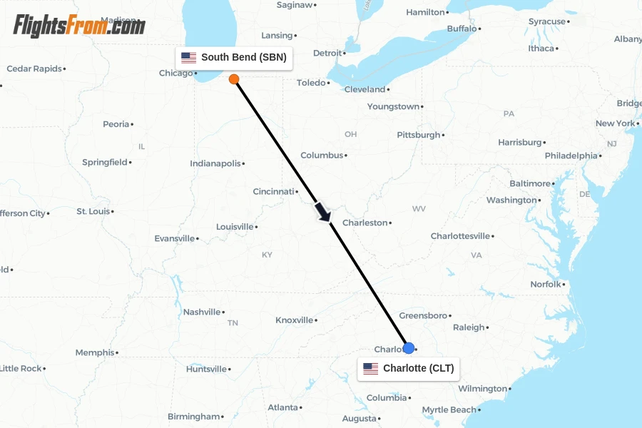 Flights from South Bend to Charlotte route map