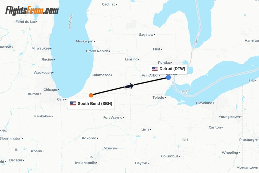 Flights from South Bend to Detroit route map
