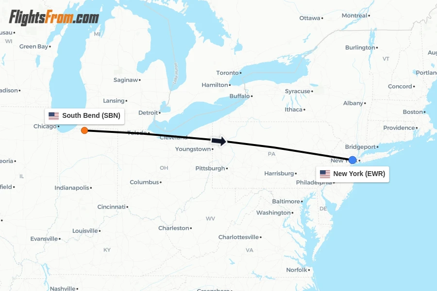 Flights from South Bend to New York route map