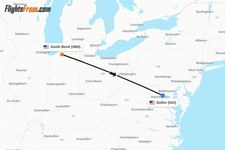 Flights from South Bend to Dulles route map