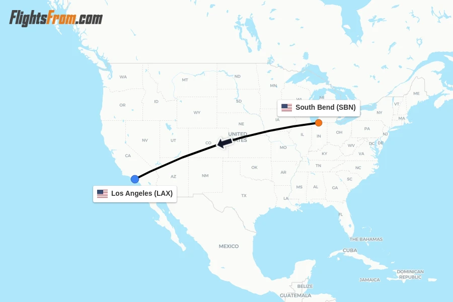 Flights from South Bend to Los Angeles route map
