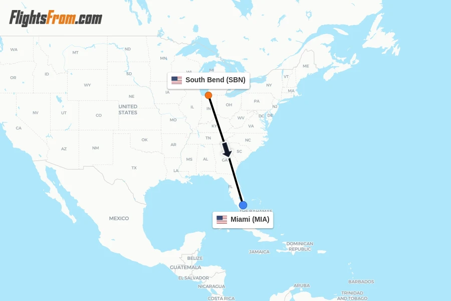 Flights from South Bend to Miami route map