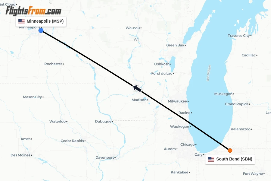 Flights from South Bend to Minneapolis route map