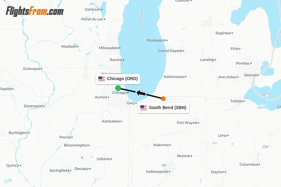 Flights from South Bend to Chicago route map