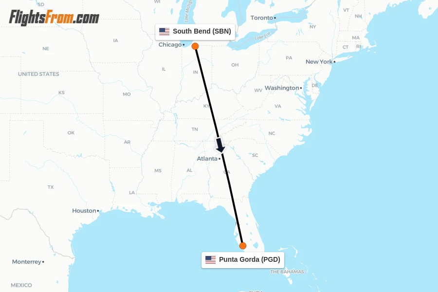 Flights from South Bend to Punta Gorda route map