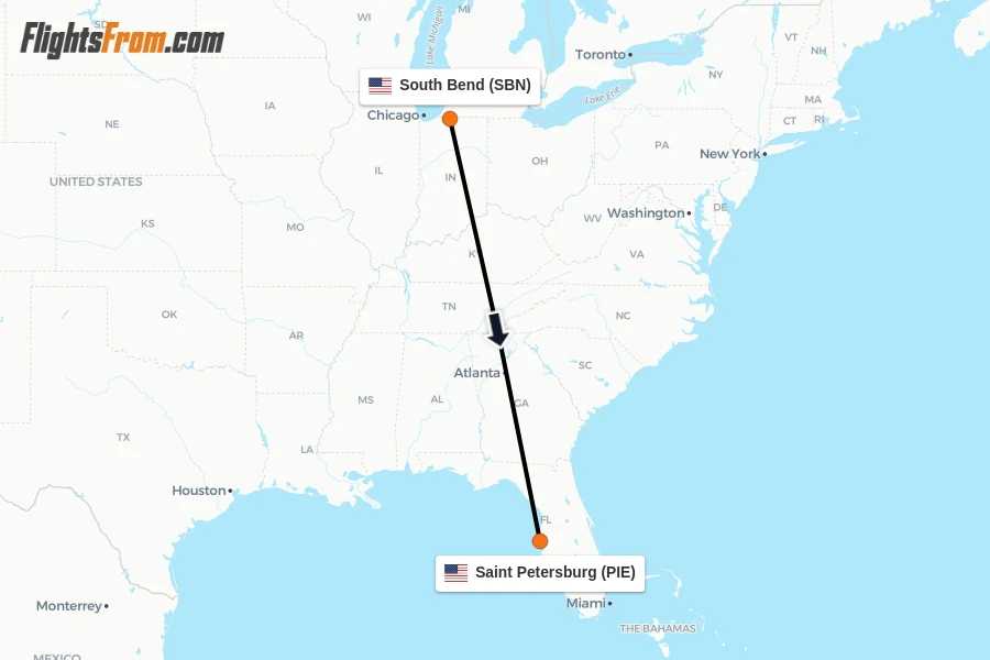 Flights from South Bend to Saint Petersburg route map