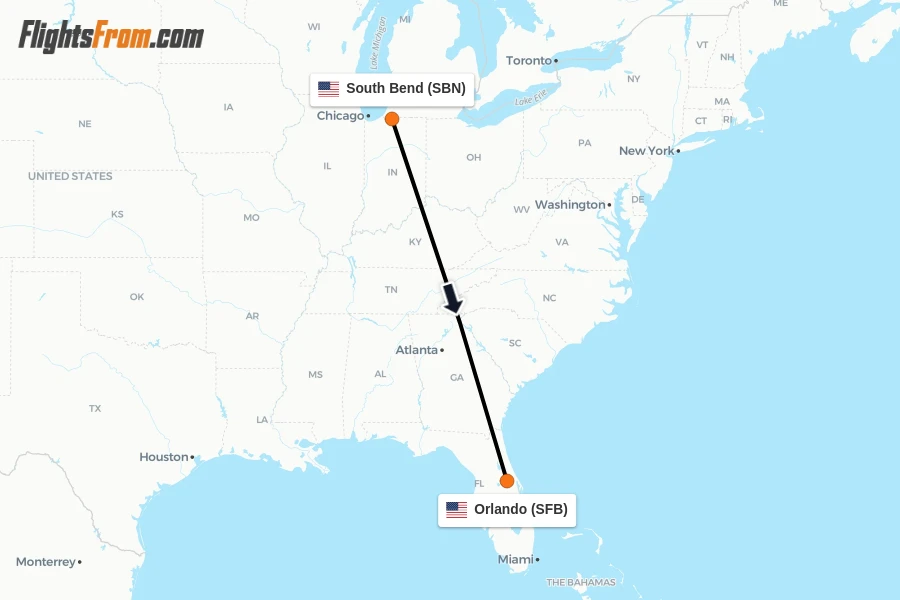 Flights from South Bend to Orlando route map