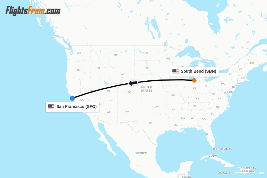 Flights from South Bend to San Francisco route map