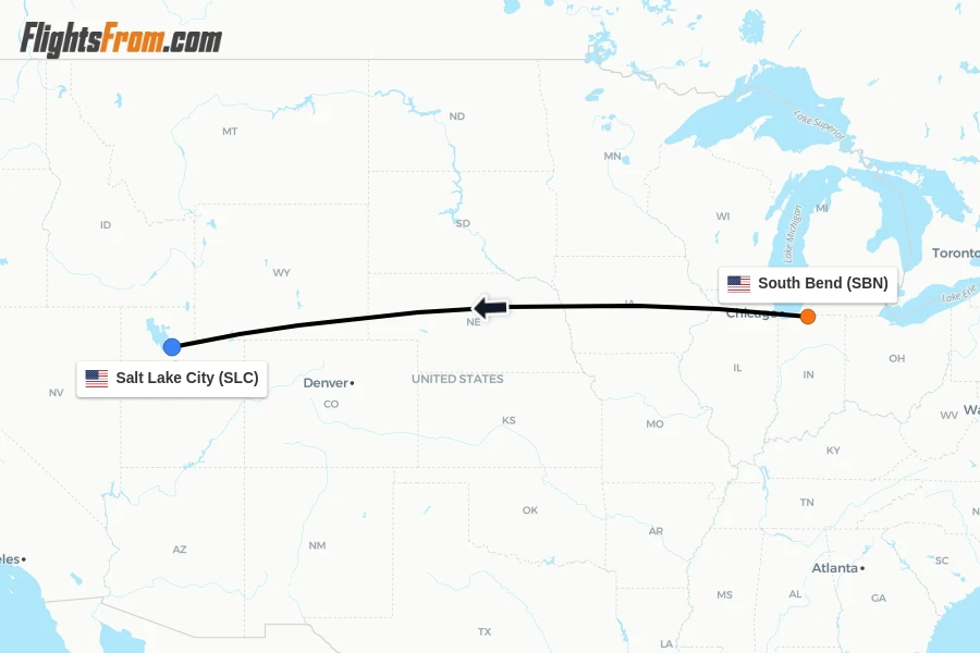 Flights from South Bend to Salt Lake City route map