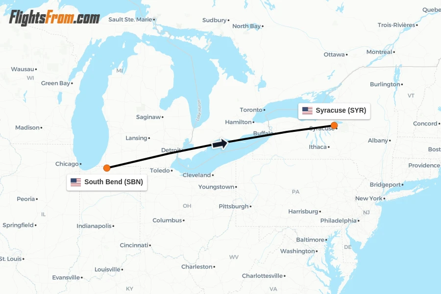 Flights from South Bend to Syracuse route map