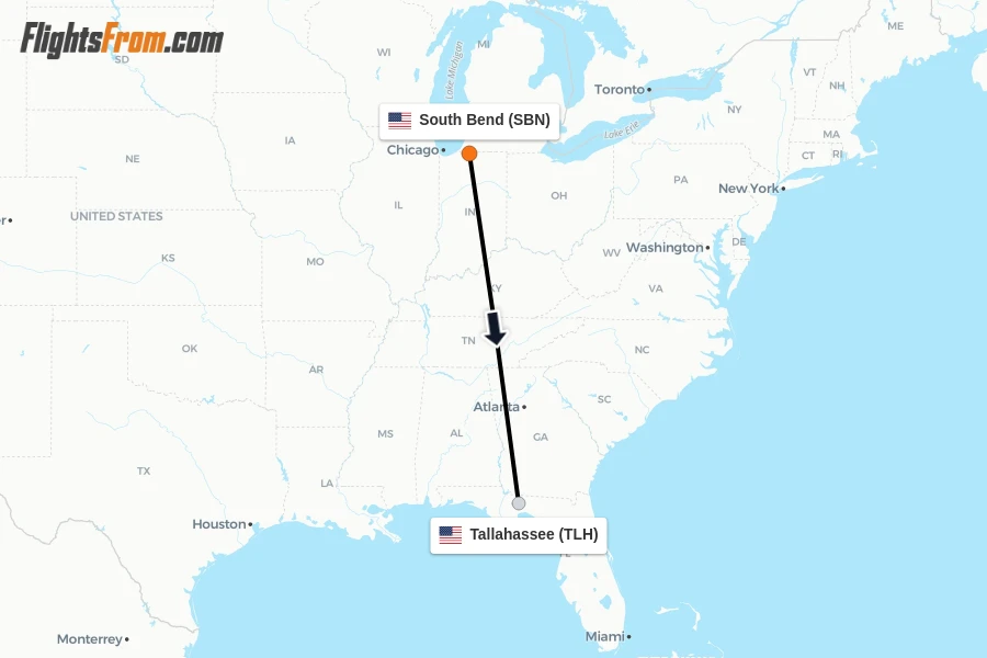Flights from South Bend to Tallahassee route map