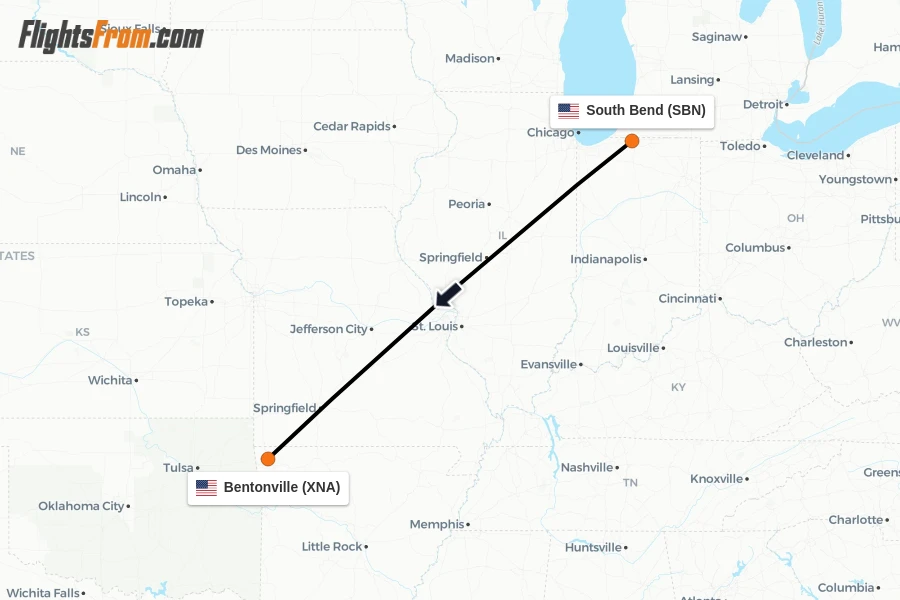 Flights from South Bend to Bentonville route map