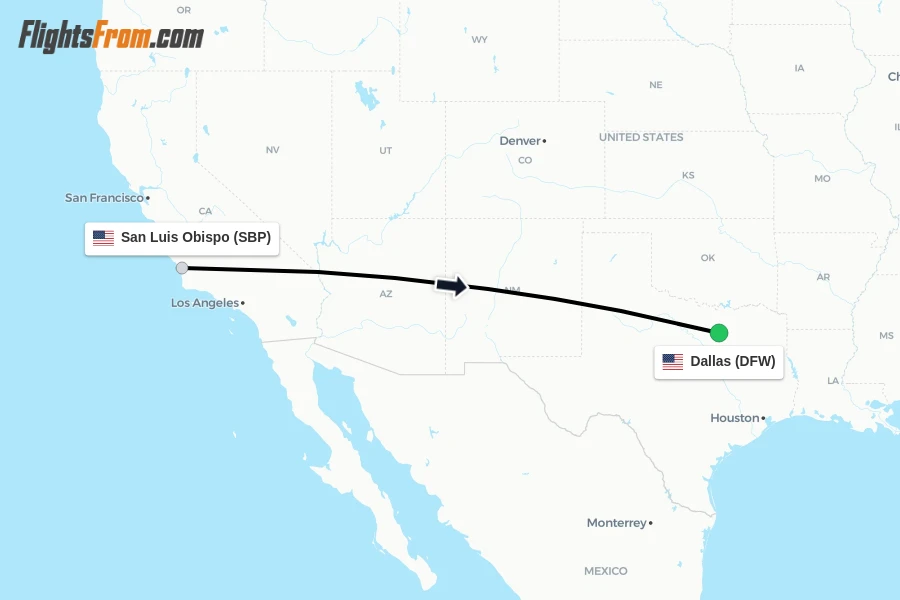 Flights from San Luis Obispo to Dallas route map