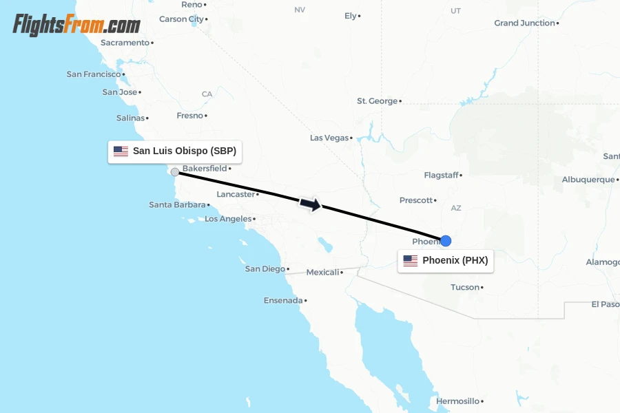 Flights from San Luis Obispo to Phoenix route map