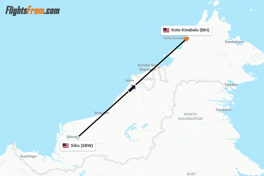 Flights from Sibu to Kota Kinabalu route map