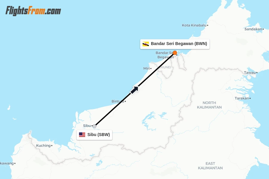 Flights from Sibu to Bandar Seri Begawan route map