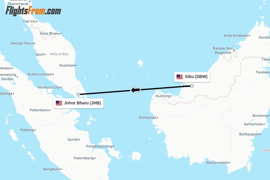 Flights from Sibu to Johor Bharu route map