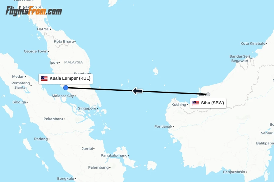 Flights from Sibu to Kuala Lumpur route map