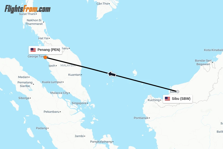 Flights from Sibu to Penang route map
